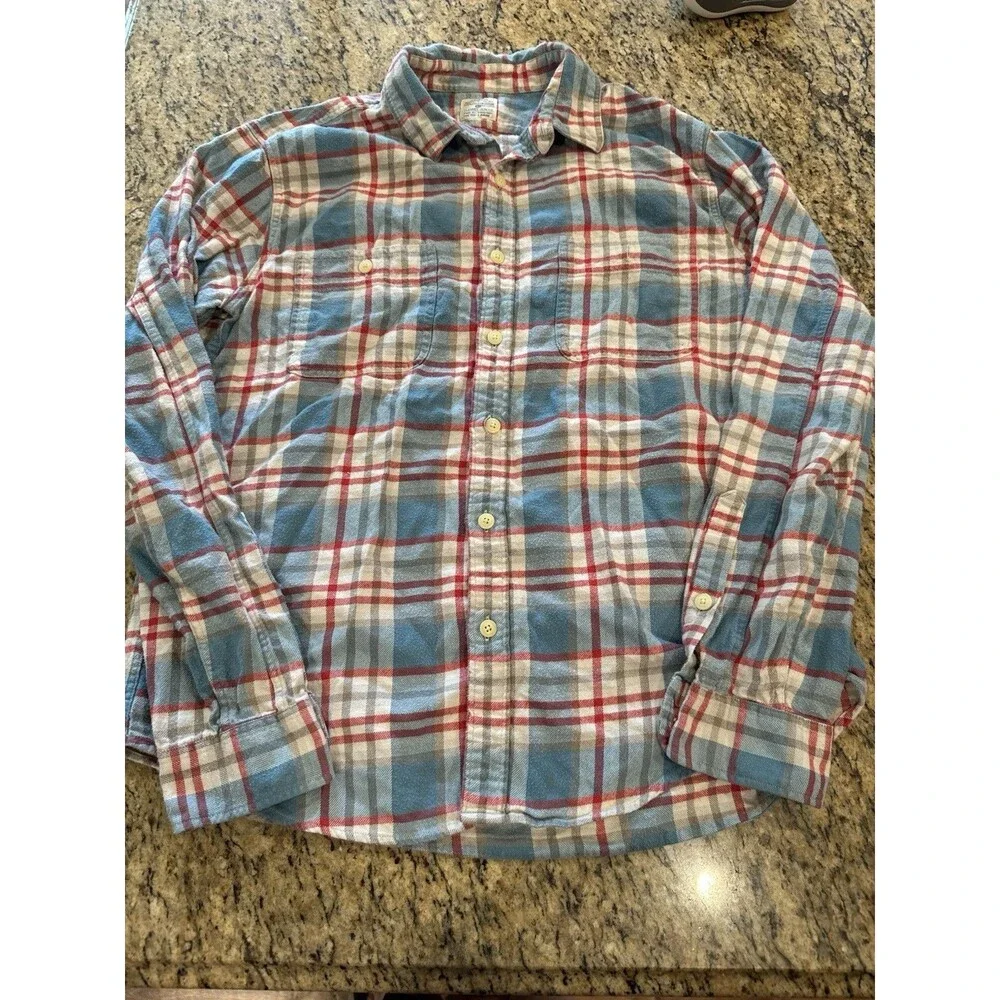 J.CREW Men's L Regular Slim Blue/White/Red Plaid Flannel Button-Down 100% Cotton
